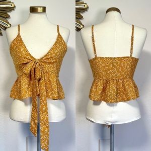 Zaful Crop Floral Tie Front Ruffle Peplum Top